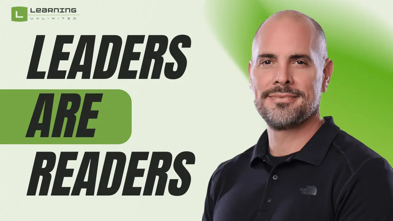 Man with caption 'Leaders Are Readers' and logo.
